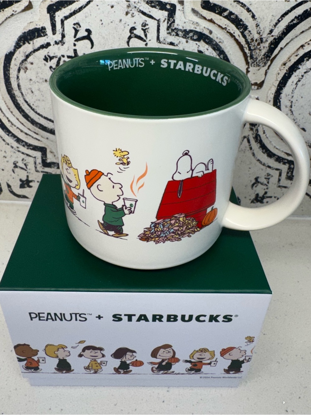 Starbucks Peanuts Ceramic Mug in White with Green Interior